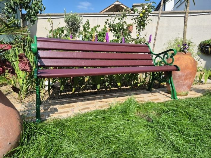 Garden Bench Cast iron fully restored seat outside outdoor garden sitting treated timber decorations, furniture patio  decking, home house cottage ignore flowers pots plants, garden statue chair  swing patio heater bbq hammock sun  farm shop gift