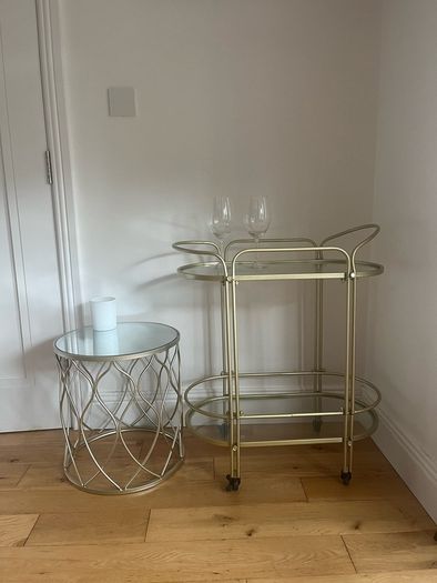Gold drinks trolley and coffee table