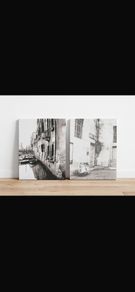 Pair of 2 Italian Canvas Prints - Venice Canal & Vespa Scooter - Black & White Wall Art