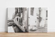 Pair of 2 Italian Canvas Prints - Venice Canal &amp; Vespa Scooter - Black &amp; White Wall Art