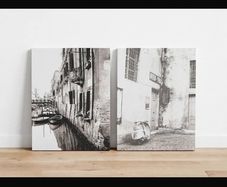 Pair of 2 Italian Canvas Prints - Venice Canal & Vespa Scooter - Black & White Wall Art