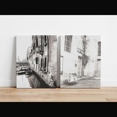 Pair of 2 Italian Canvas Prints - Venice Canal & Vespa Scooter - Black & White Wall Art