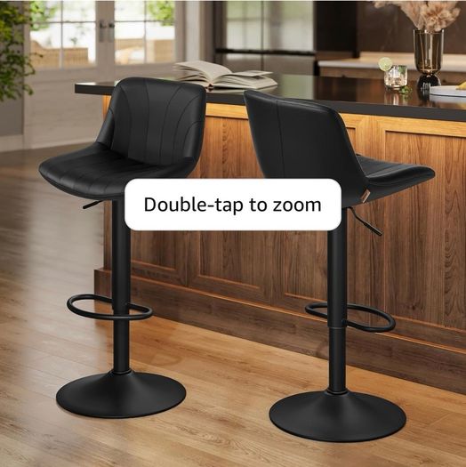 Bar Stools Set of 2, Adjustable with Backs, 360 Swivel PU Leather, Metal Footrest, for Kitchen Dining Reception, Ink Black