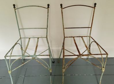 Antique pair of french wrought iron garden chairs