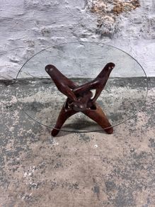 Mid-century Modern Accent Table Carved From Solid Teak With Interlocking Legs & Glass Top