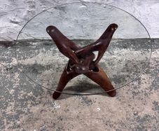 Mid-century Modern Accent Table Carved From Solid Teak With Interlocking Legs & Glass Top