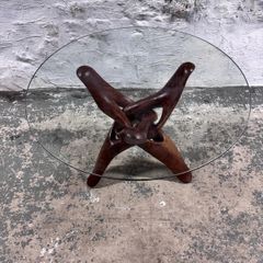 Mid-century Modern Accent Table Carved From Solid Teak With Interlocking Legs & Glass Top
