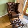 Vintage Genuine Brown Leather Chesterfield Wingback Armchair and Matching Footstool Image 2