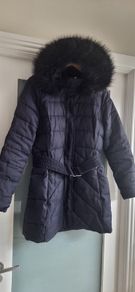 BARBOUR Charcoal Black Quilted Belted Jacket with Detachable  Luxurious Faux Fur Hood Sz 12 UK - Rrp 260 (New)