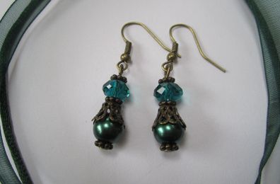 Green Drop Dangle Bronze Plated Fashion Earrings in Green Teal / Pine