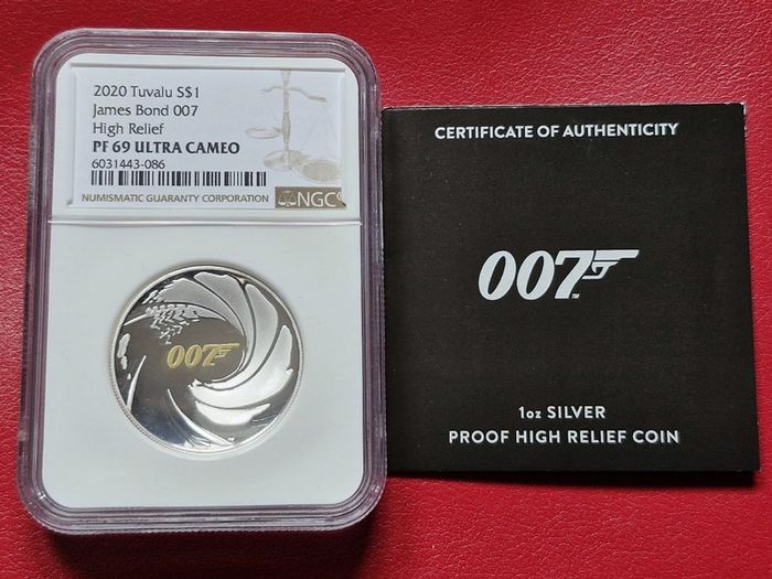 PF 69 Ultra Cameo 2020 Tuvalu James Bond 007 High Relief 1oz Silver Proof Low Mintage Coin