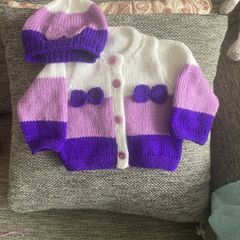 Handknit cardigan and hat 0 to 3 mths