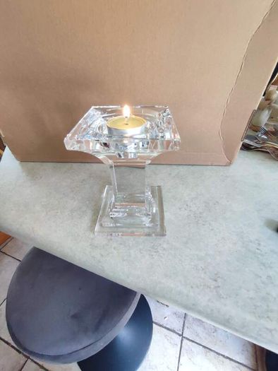 Tipperary Clear crystal Pillar Candle Stand , Signed , Square Candle Stand, Mint Condition. Take 3 different candle size.