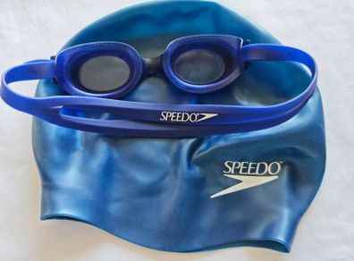 Speedo Swim Set Blue Silicone Swim Cap Goggles Adult