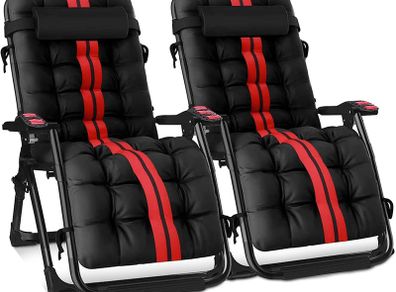 Set of 2 Heavy Duty Textoline Zero Gravity Chairs | Garden Outdoor Patio Sun Loungers | Folding Reclining Chairs (Red and Black)