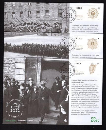 2022 Ireland 100 Years of History Commemorative Stamp An Post First Day Covers (3) (FDC)