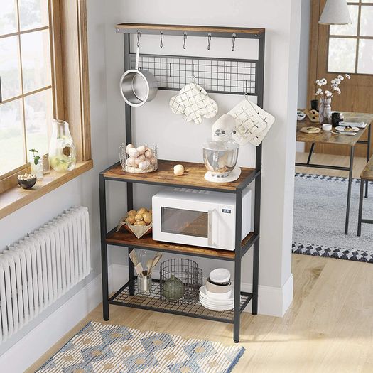 _Kitchen shelf in industrial design, standing shelf for the kitchen, shelf levels in wood look, 10 hooks, metal grid shelf, for microwave, dishes, 84 x 40 x 170 cm, vintage, dark brown