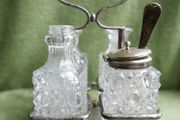 Antique Cruet Set Five Piece Silver Plate &amp; Cut Glass w. Caddy c.1890s Victorian Tableware