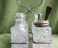 Antique Cruet Set Five Piece Silver Plate & Cut Glass w. Caddy c.1890s Victorian Tableware