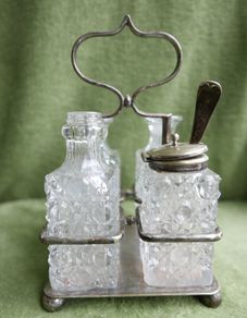 Antique Cruet Set Five Piece Silver Plate & Cut Glass w. Caddy c.1890s Victorian Tableware