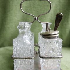 Antique Cruet Set Five Piece Silver Plate & Cut Glass w. Caddy c.1890s Victorian Tableware