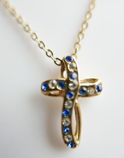 Vintage Gold Plated and Blue Austrian Crystal Cross Necklace length 16"
