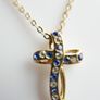 Vintage Gold Plated and Blue Austrian Crystal Cross Necklace length 16" Image 5
