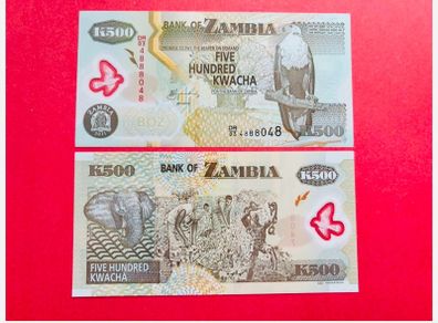 Zambia  500 Kwacha  2011. PICK 43 POLYMER / PLASTIC ) Pick  44e.  UNC. Polymer / Plastic .