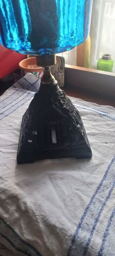 Antique Blue Glass Brass and cast iron metal large table oil lamp in very good condition and working