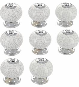 Decor White Crackle Handmade Design Round Ceramic Door Knobs, Vintage, Shabby Chic, Interior Furniture, Cabinet Wardrobe Cupboard Drawers Pulls Handles 8 Pack (FREE POSTAGE)