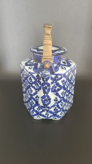 Teapot Blue White Hexagon Shape Brass Handle Floral