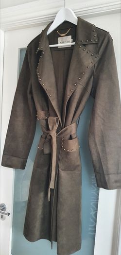 MADISON khaki midi length coat with stud detail open front with tie Sz L (12-16 UK) - Rrp 289 (New)