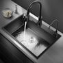 Black Stainless Steel Kitchen Sink, Single Bowl Kitchen Sink, Drop in/Topmount Workstation Sink with Sliding Accessories, Farmhouse Workstation Sink with Multiple Accessories (50 x 45cm) Image 4