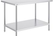 Stainless Steel Prep Table, 30 x 48 x 34 Inch, Heavy Duty Metal Worktable with 3 Adjustable Height Levels, Commercial Workstation for Kitchen Garage Restaurant Backyard