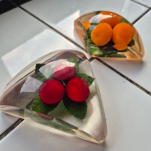 Paperweights x2 Vintage Midcentury Lucite fryit paperweights