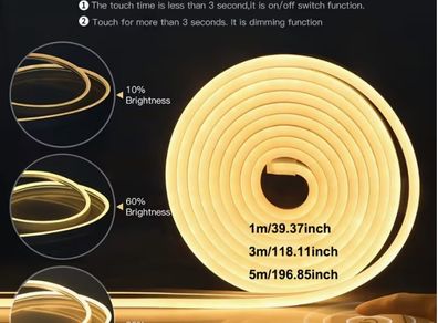 5M  WARM LIGHT Flexible LED Neon Light Strip, USB Powered, Touch Control,
