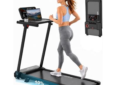 6 in 1 Treadmill with 3 percent to15 percent Incline, Under Desk Walking Pad, 1 12 km h HP Motor 8 Point Shock Absorption, 15 cm Adjustable Handlebar, LED Display, Remote Control, 130 kg Max