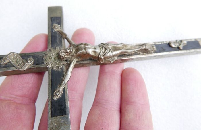 Antique Large Golgotha Crucifix Cross 6.5" Metal Ebony Wood German Skull Bones