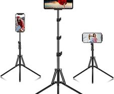 Ipad Tripod Stand, Height Adjustable iPad Stand Holder & Floor Stand with 360 Rotating iPad Tripod Mount for 4.5-12.9 Inch Tablets & Smartphones