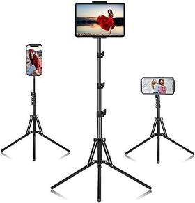 Ipad Tripod Stand, Height Adjustable iPad Stand Holder & Floor Stand with 360 Rotating iPad Tripod Mount for 4.5-12.9 Inch Tablets & Smartphones