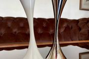 Vintage 20th Century Heavy Asymmetrical Stainless Steel and White Enamel Pair Of Candle Holders