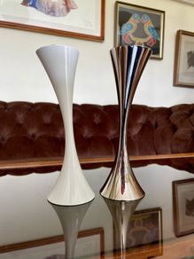 Vintage 20th Century Heavy Asymmetrical Stainless Steel and White Enamel Pair Of Candle Holders