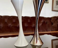 Vintage 20th Century Heavy Asymmetrical Stainless Steel and White Enamel Pair Of Candle Holders