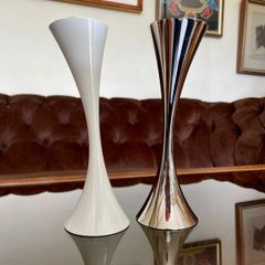Vintage 20th Century Heavy Asymmetrical Stainless Steel and White Enamel Pair Of Candle Holders