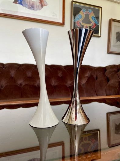 Vintage 20th Century Heavy Asymmetrical Stainless Steel and White Enamel Pair Of Candle Holders