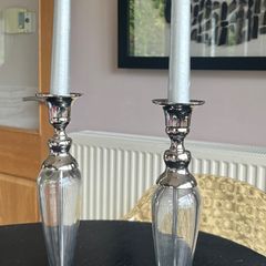 Pair of Laura Ashley silver & glass candlestick holders