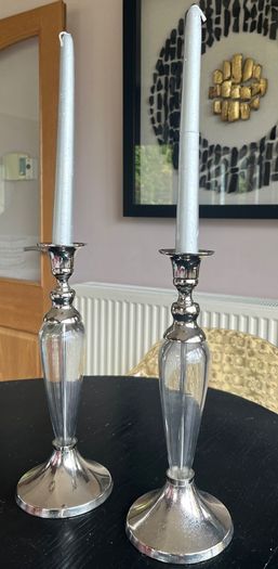 Pair of Laura Ashley silver & glass candlestick holders