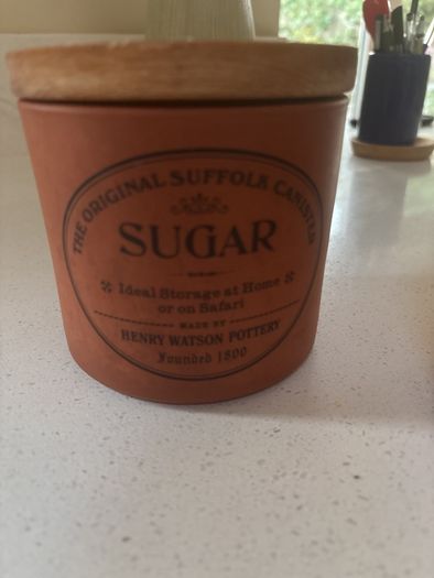 RESERVED- Vintage Henry Watson The Original Suffolk Canister Sugar and Tea Terracotta Storage Jars with wooden pull off lid
