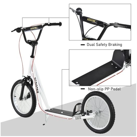 Kick Scooters for Kids with Adjustable Height, Anti-Slip Deck, Dual Brakes, Rubber Tyres, for Boys and Girls Aged 5+ Years Old - White