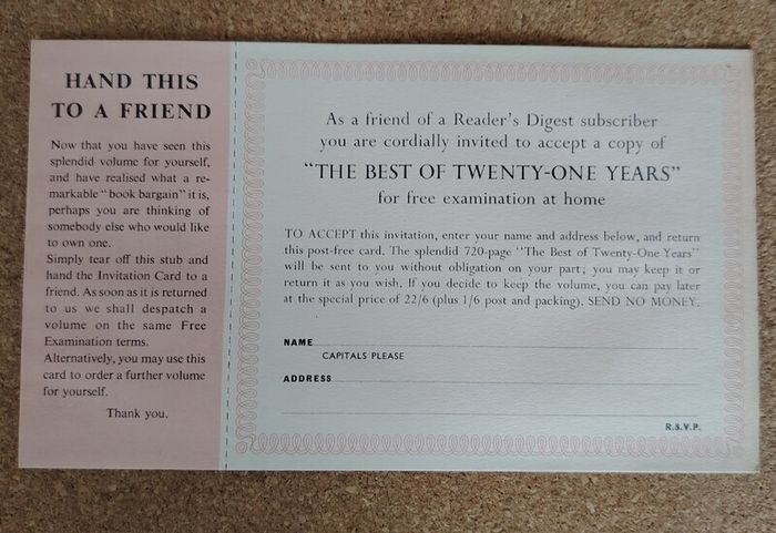 Vintage 1960 Reader's Digest Book with Rare Pink Reply Card (Ephemera)
